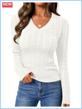 Cable Knit Sweater Women V Neck Long Sleeve Pullover Ribbed Fitted